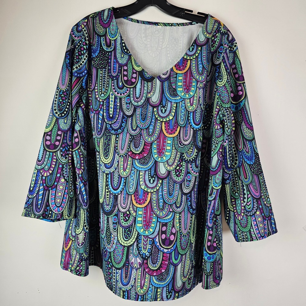 Vibrant Psychedelic Feather Print V-Neck Tunic Top Blue Purple Green 2XL Boho